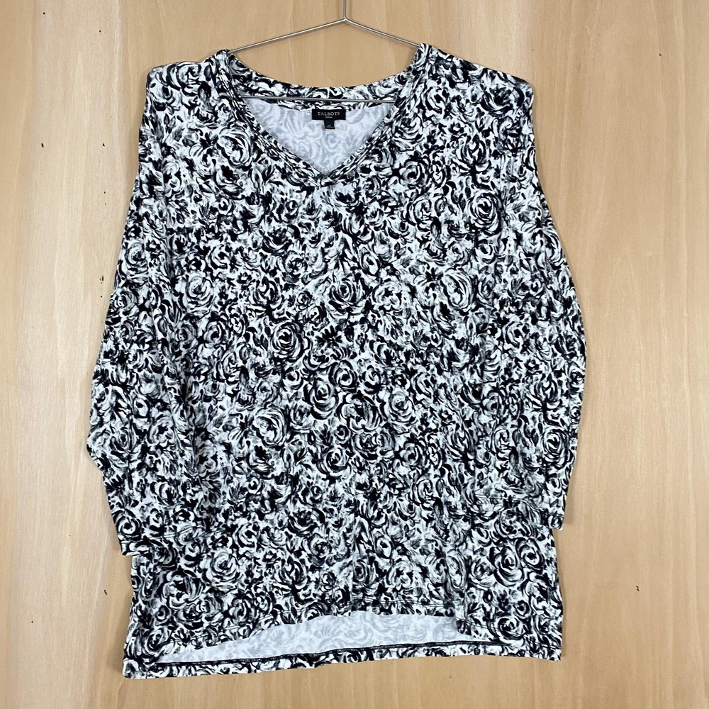 Talbots Shirt Womens 1X Black White Floral V Neck Long Sleeve‎ Stretch Romantic